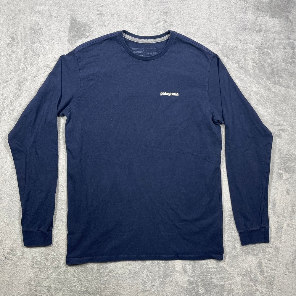 Patagonia Responsibili-Tee Mens Medium Blue Long Sleeve P-6 Logo Graphic T-Shirt